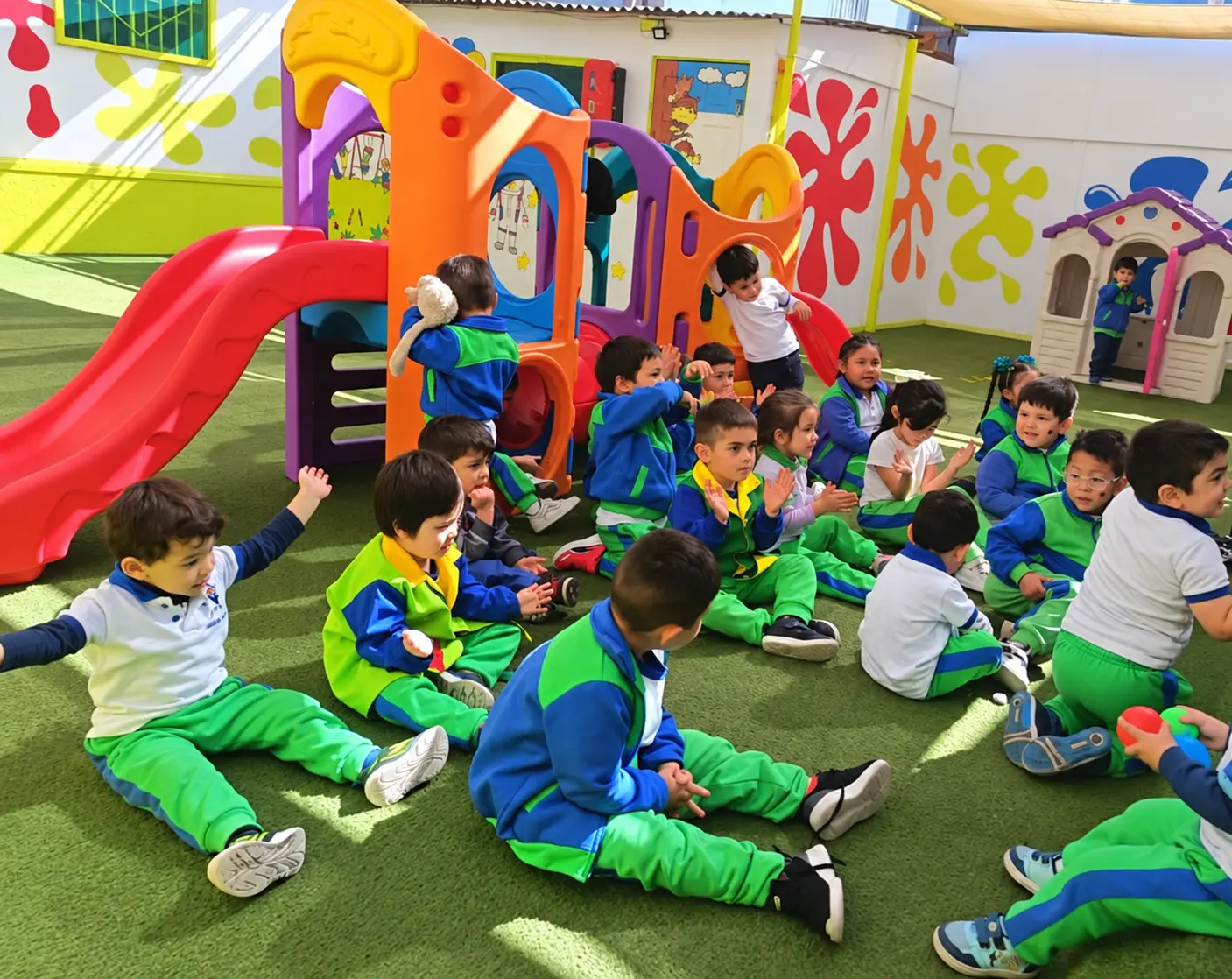 Niños del jardín comparten una actividad grupal en el patio